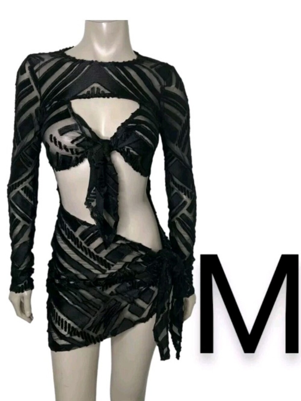 🆕Velvet Nylon Mesh Black Abstract  Front Cut Out Tie & Side Tie Dress~Size M
